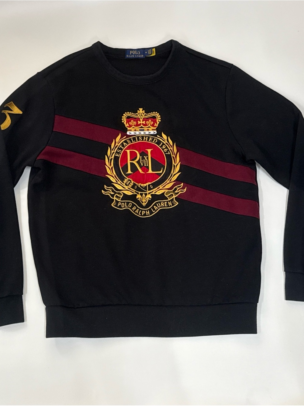 Ralph Lauren Black Crewneck Sweatshirt with Burgundy Stripes and Gold Crest